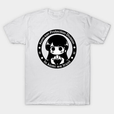 White graphic t-shirt with black anime design, featuring "Komi-san Protection Division" text, casual cotton wear.