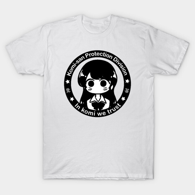 White graphic t-shirt with black anime design, featuring "Komi-san Protection Division" text, casual cotton wear.