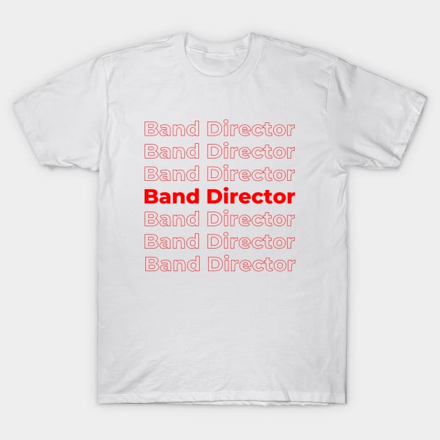 White "Band Director" T-shirt with red and pink text, casual style, perfect for music enthusiasts, cotton fabric.
