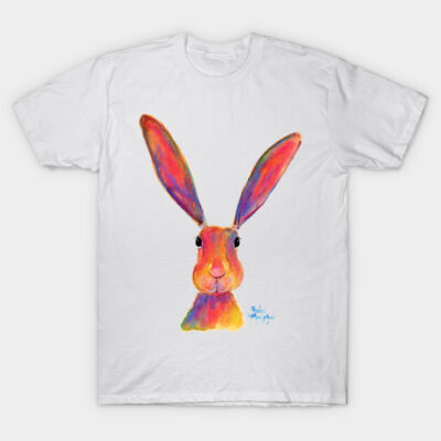 White t-shirt featuring a colorful abstract rabbit design, perfect for casual wear. Soft cotton material, unisex style.