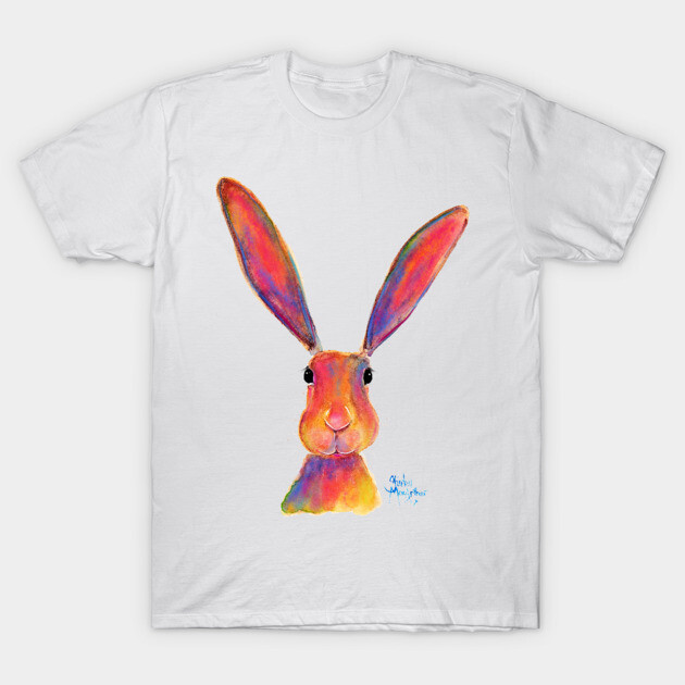 HaRe RaBBiT BuNNY PRiNT ' ALL eaRS ' BY SHiRLeY MacARTHuR T-Shirt 1 White t-shirt featuring a colorful abstract rabbit design, perfect for casual wear. Soft cotton material, unisex style.