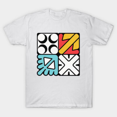 White cotton t-shirt with colorful geometric shapes design, casual wear, unisex style, ideal for everyday use.