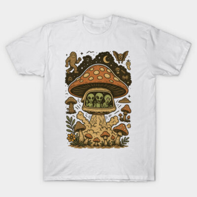 White T-shirt with colorful mushroom and alien graphic, nature-themed design, casual wear, 100% cotton.