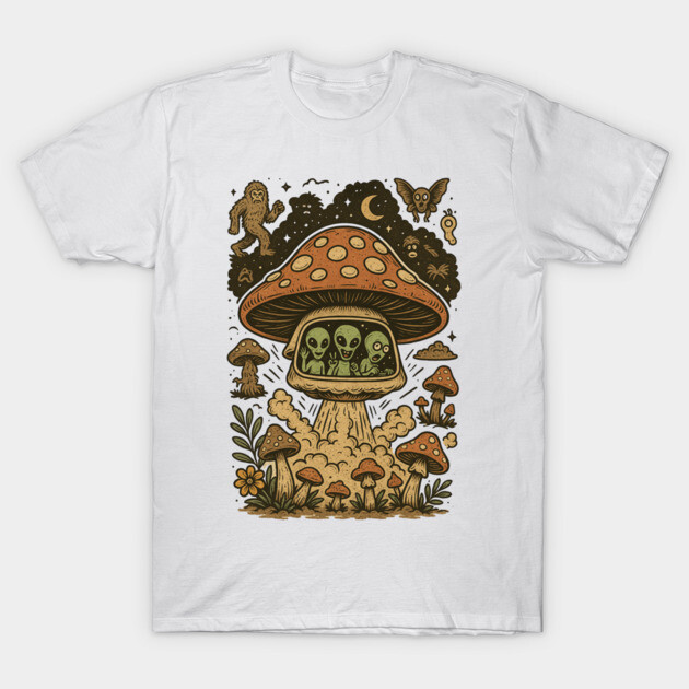 White T-shirt with colorful mushroom and alien graphic, nature-themed design, casual wear, 100% cotton.