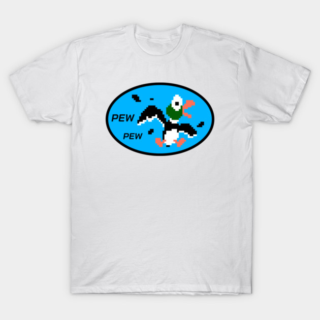 White t-shirt with retro pixel art duck design, featuring "Pew Pew" text, casual style, 100% cotton.