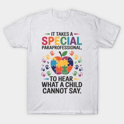 White T-shirt with colorful puzzle apple design and text for paraprofessionals. Cotton material, casual wear.