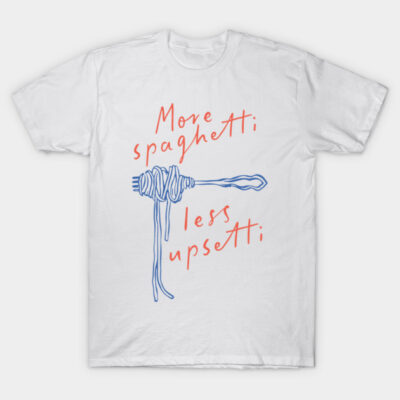 White t-shirt with "More spaghetti, less upsetti" text and blue fork graphic; casual wear, cotton material.