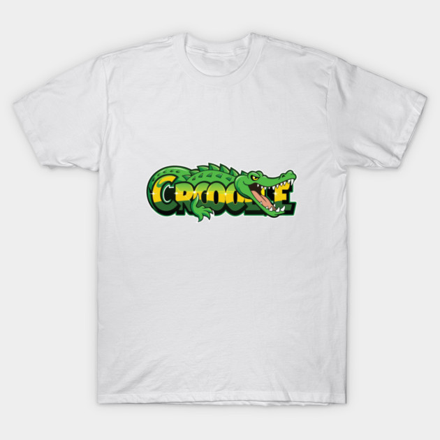 White T-shirt with colorful crocodile print, casual style, 100% cotton, perfect for everyday wear.