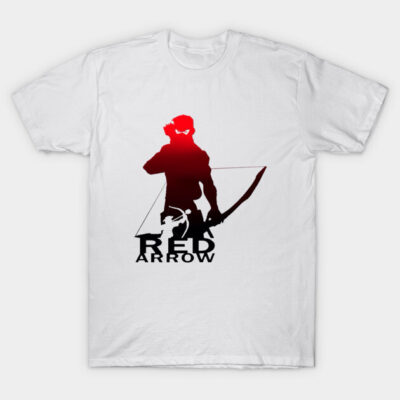 White T-shirt featuring red archer silhouette with bow graphic and "Red Arrow" text, casual style, cotton material.