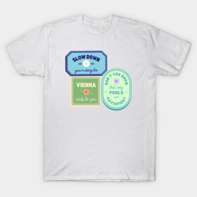 White cotton t-shirt with colorful retro badge designs, featuring motivational phrases, ideal for casual wear.