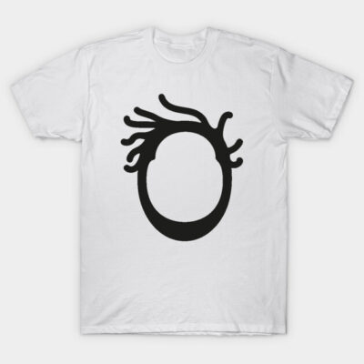 White t-shirt featuring a bold black abstract shape, casual style, made of soft cotton for everyday wear.