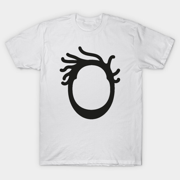 White t-shirt featuring a bold black abstract shape, casual style, made of soft cotton for everyday wear.