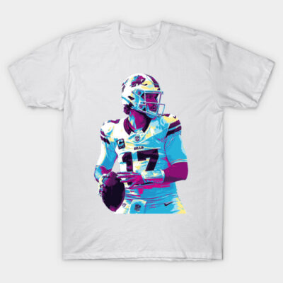 White graphic t-shirt featuring colorful football player design, ideal for sports fans, casual wear, 100% cotton material.