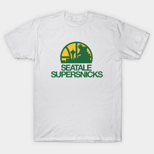 White T-shirt with green and yellow "Seatale Supersnicks" graphic, casual style, cotton material.