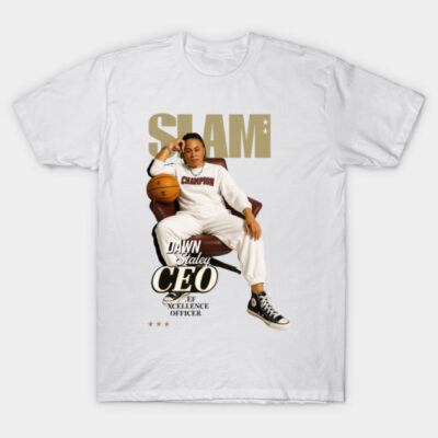 White graphic t-shirt featuring basketball-themed design with "Champion" text, ideal for casual sportswear.