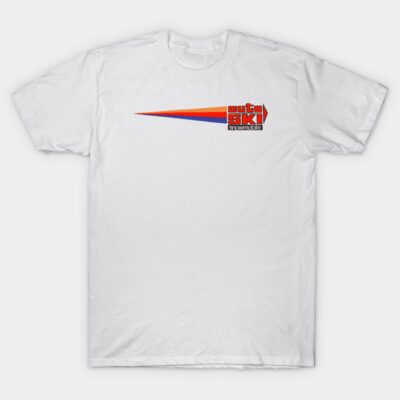 White t-shirt with retro red and blue snowmobile graphic, casual style, cotton material, unisex design.