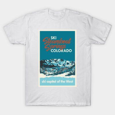 White T-shirt with "Ski Steamboat Springs Colorado" graphic, featuring blue mountain design. Casual, 100% cotton.