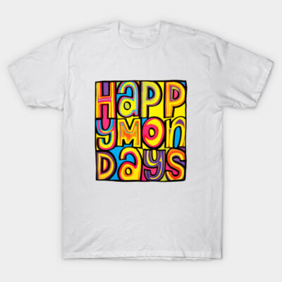 White T-shirt with colorful "Happy Mondays" graphic design, casual wear, 100% cotton, unisex style.