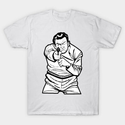 White t-shirt with graphic illustration of a person aiming a gun, casual style, cotton material, unisex design.