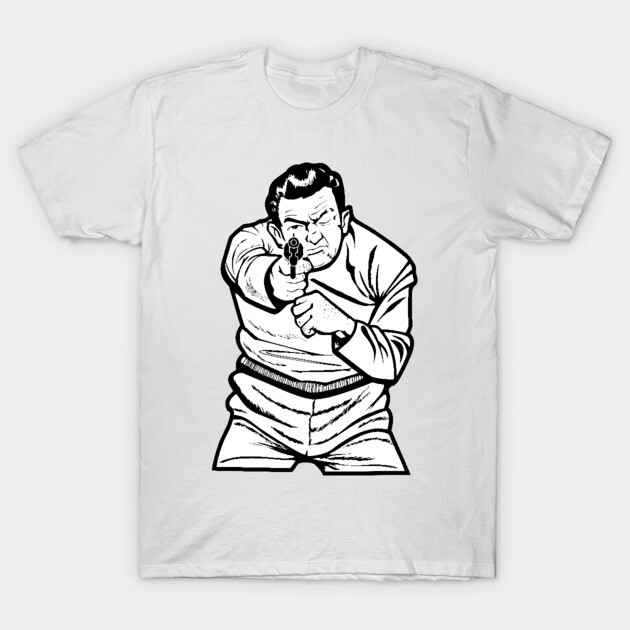 White t-shirt with graphic illustration of a person aiming a gun, casual style, cotton material, unisex design.