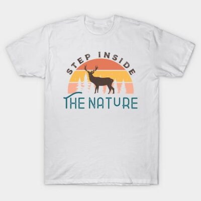 White T-shirt with "Step Inside the Nature" design, featuring a sunset and deer graphic, perfect for outdoor enthusiasts.