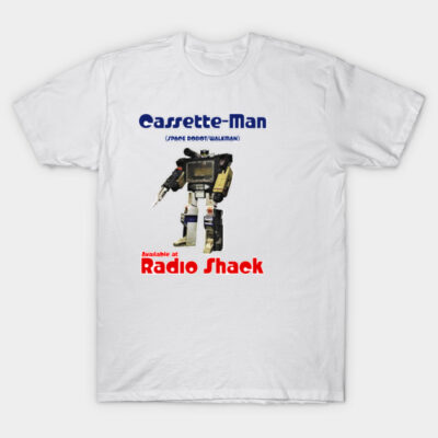 White t-shirt with vintage robot design, featuring "Cassette-Man" text and retro style, perfect for casual wear.