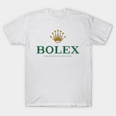 White cotton t-shirt with green "Bolex" text and gold crown graphic, casual wear, unisex design.