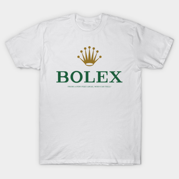 White cotton t-shirt with green "Bolex" text and gold crown graphic, casual wear, unisex design.