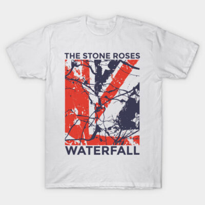 White t-shirt featuring abstract red and blue graphic design with text "Waterfall," casual style, cotton material.