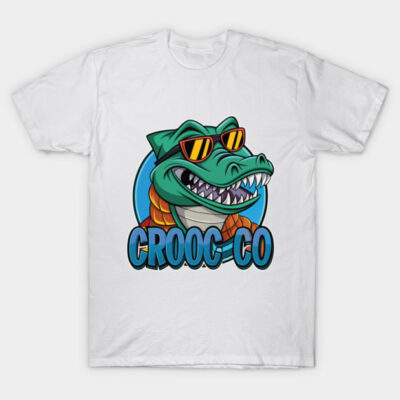 White t-shirt with colorful crocodile graphic wearing sunglasses, casual style, made from soft cotton, unisex design.