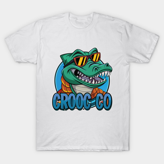 White t-shirt with colorful crocodile graphic wearing sunglasses, casual style, made from soft cotton, unisex design.