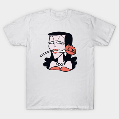 White t-shirt featuring a cartoon woman with a red rose in her mouth. Casual wear, graphic print, cotton material.