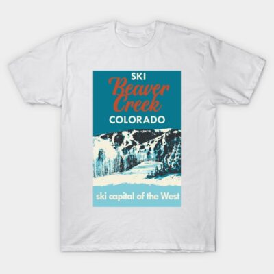 White T-shirt with "Ski Beaver Creek Colorado" graphic, retro style, ideal for winter sports enthusiasts.