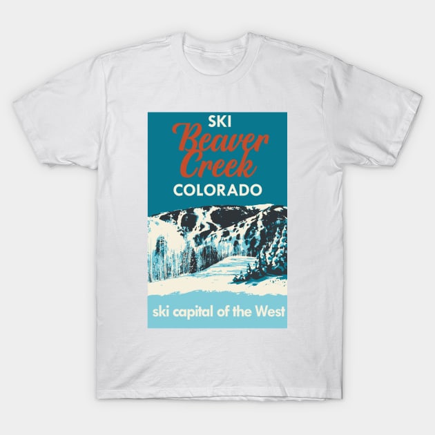 White T-shirt with "Ski Beaver Creek Colorado" graphic, retro style, ideal for winter sports enthusiasts.