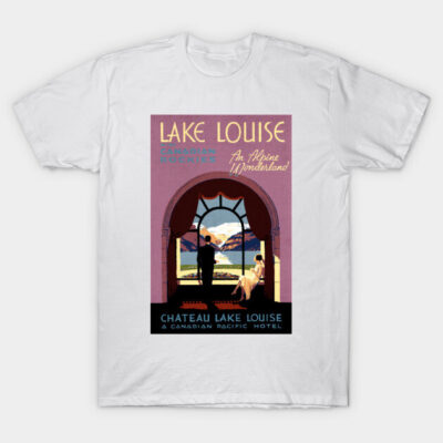 White Lake Louise graphic t-shirt, vintage travel poster design, casual style, cotton material.