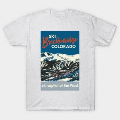 White t-shirt with Breckenridge Colorado ski graphic, featuring snowy mountain landscape, casual wear, cotton material.