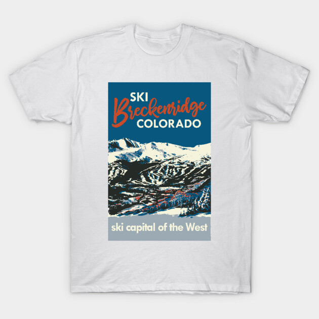 White t-shirt with Breckenridge Colorado ski graphic, featuring snowy mountain landscape, casual wear, cotton material.