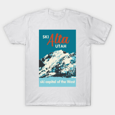 White "Ski Alta Utah" graphic t-shirt with mountain design, short-sleeve, cotton, casual wear, winter sports theme.