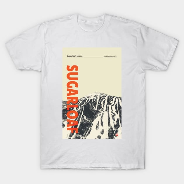 White t-shirt featuring bold "Sugarloaf" text and mountain graphic, perfect for casual wear or outdoor enthusiasts.