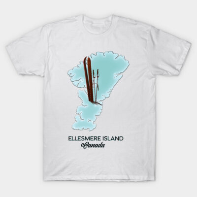 White Ellesmere Island Canada t-shirt with blue map graphic and brown ski design, casual cotton apparel.