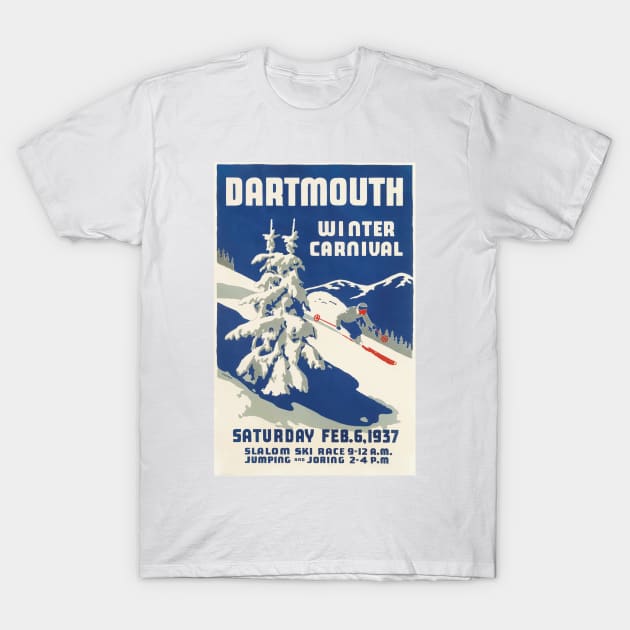 White T-shirt featuring vintage Dartmouth Winter Carnival ski poster design, perfect for casual winter wear.