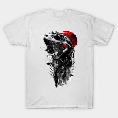 White graphic T-shirt featuring a dinosaur skull design with red accents, made of cotton, ideal for casual wear.