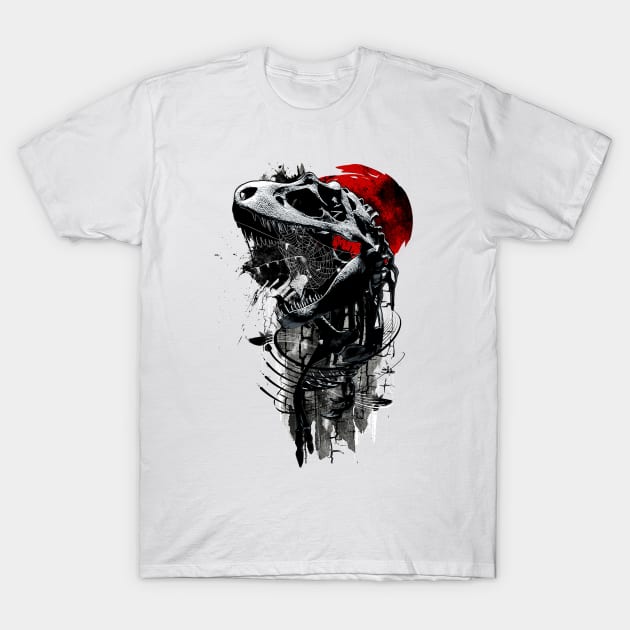 White graphic T-shirt featuring a dinosaur skull design with red accents, made of cotton, ideal for casual wear.