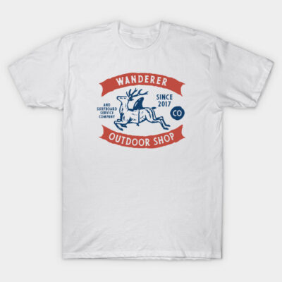 White t-shirt with "Wanderer Outdoor Shop" graphic, featuring blue and red vintage-style design, perfect for casual wear.