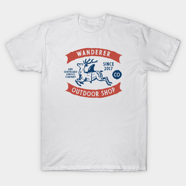 White t-shirt with "Wanderer Outdoor Shop" graphic, featuring blue and red vintage-style design, perfect for casual wear.