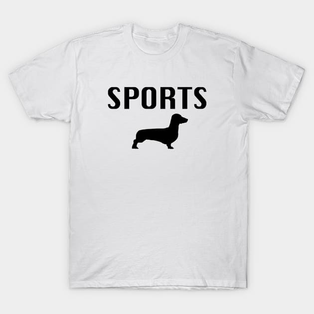 "White cotton t-shirt with 'SPORTS' text and dachshund silhouette, casual wear for dog lovers."