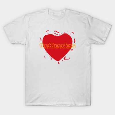 White t-shirt with red heart and "the Breeders" text, casual design, soft cotton fabric, perfect for music fans.