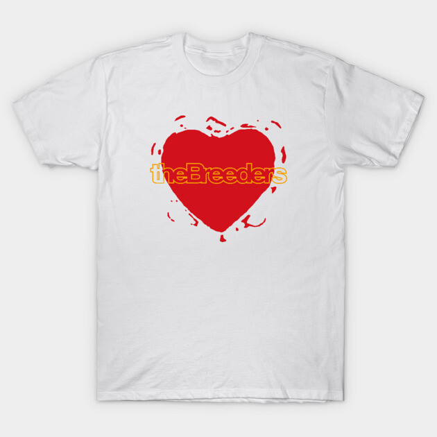 White t-shirt with red heart and "the Breeders" text, casual design, soft cotton fabric, perfect for music fans.