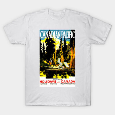White vintage-style T-shirt featuring Canadian Pacific poster design, perfect for casual wear or travel enthusiasts.