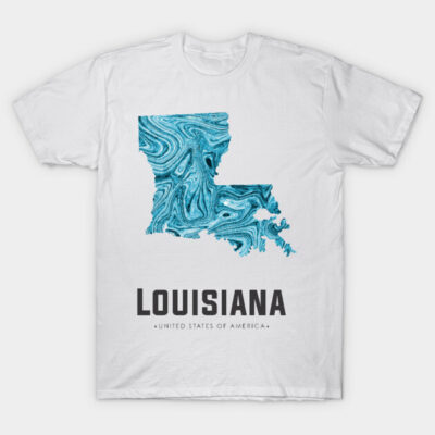 White t-shirt with blue abstract Louisiana map design, bold "Louisiana" text, casual style, cotton fabric.